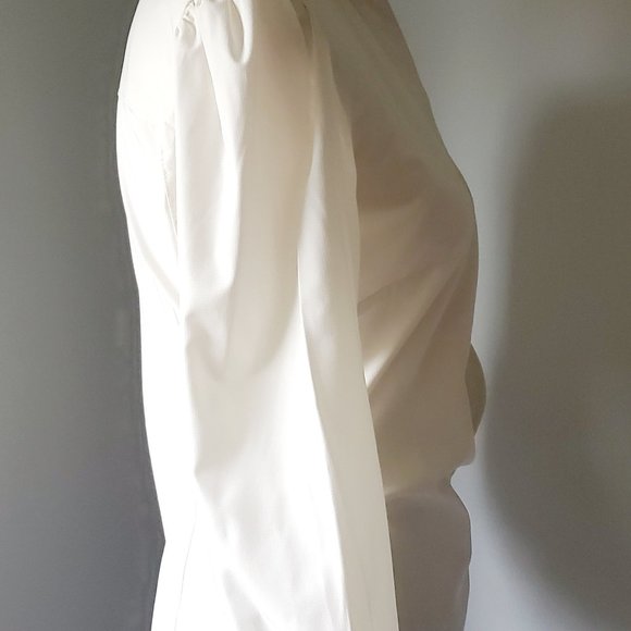 DKNY Couture Style Sculpted Poet Blouse Faux Wrap Balloon Sleeve Collared V Neck - Picture 4 of 10